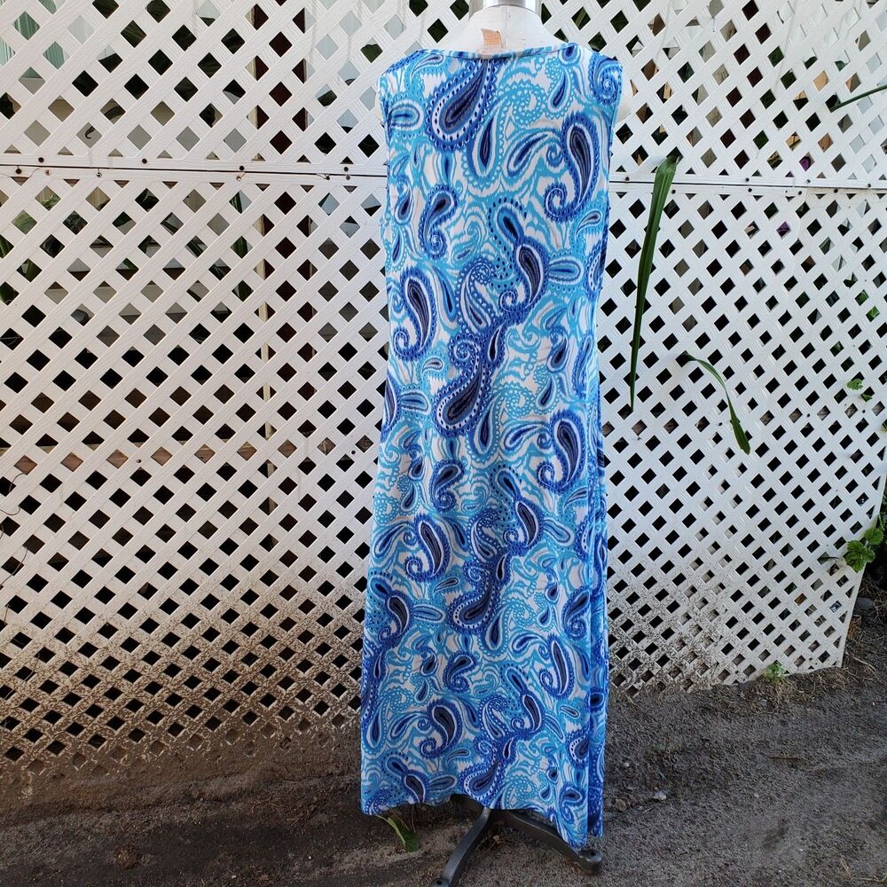 Klozlyne Blue/White Paisley Sleeveless Maxi Beachy Dress Scoop Neck Sz Large - Picture 3 of 5